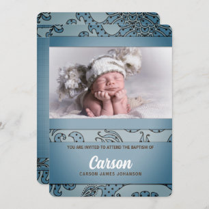 Invitation Baptême de garçon en bleu et Brown Floral Vintage