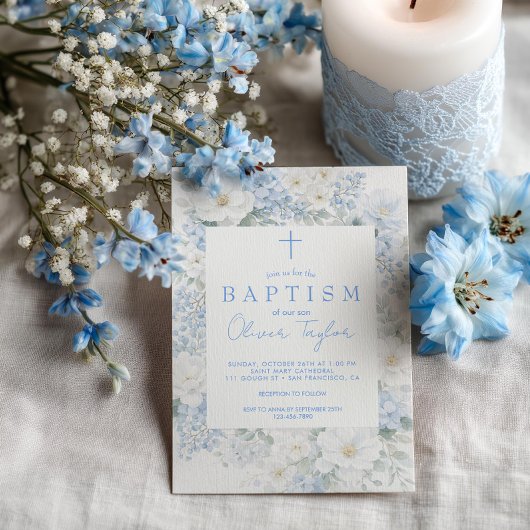 Invitation Baptême de garçon Floral Bleu