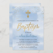 Invitation Baptême De Garçon Moderne Bleu Et Or (Devant / Derrière)