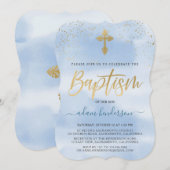 Invitation Baptême De Garçon Moderne Bleu Et Or (Devant / Derrière)