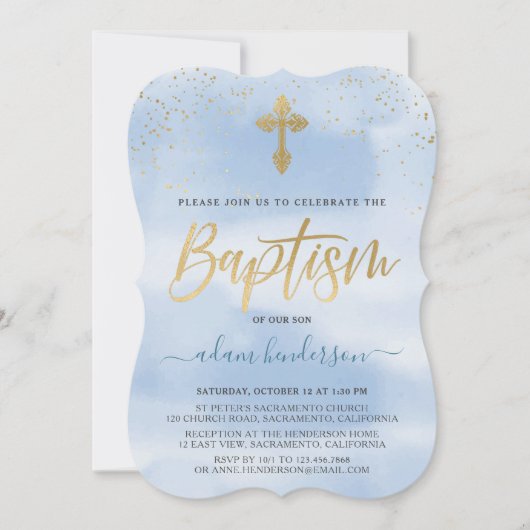 Invitation Baptême De Garçon Moderne Bleu Et Or (Devant)