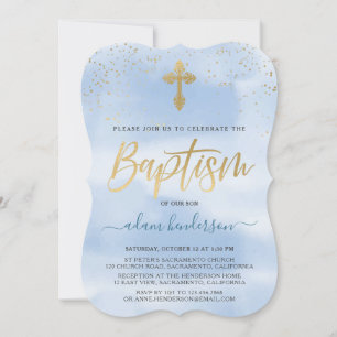 Invitation Baptême De Garçon Moderne Bleu Et Or