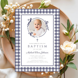 Invitation Baptême de garçon photo moderne à carreaux bleus