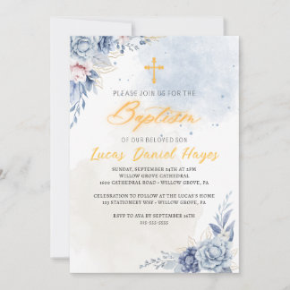 Invitation Baptême de garçon religieux bleu moderne aquarelle