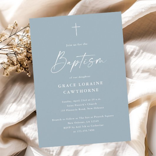 Invitation Baptême de garçons bleu poussiéreux écriture éléga