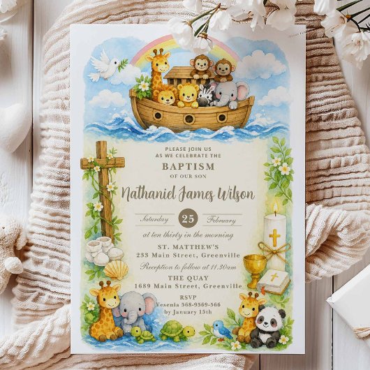 Invitation Baptême de garçons mignons animaux l'Arche de Noé