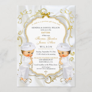 Invitation Baptême de jumeaux garçons croix or blanc