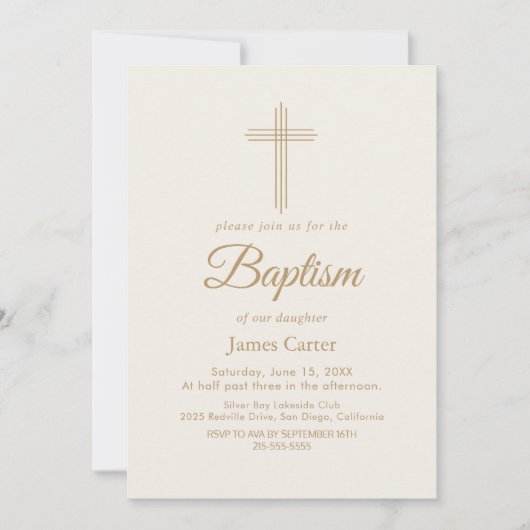 Invitation Baptême de la Croix de Crème de Calligraphie Dorée (Devant)