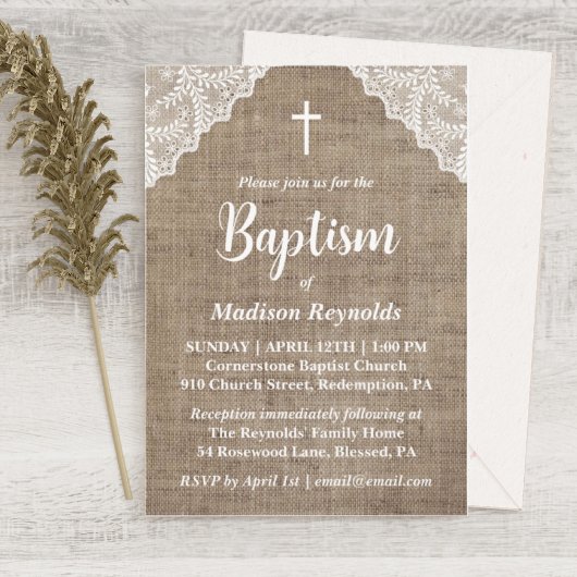 Invitation Baptême de la croix de toile de jute rustique et d