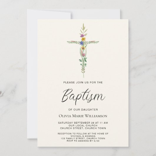 Invitation Baptême de la croix florale (Devant)