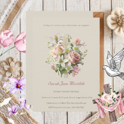 Invitation Baptême de la croix florale neutre