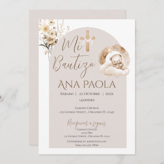 Invitation Baptême de la fille Boho avec un ours dans les nua (Devant / Derrière)