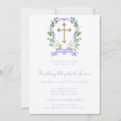 Invitation Baptême de la fille de crête florale pourpre (Devant)