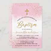 Invitation Baptême De La Fille De L'Aquarelle Dorée Et Rose (Devant / Derrière)