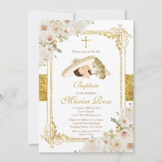 Invitation Baptême de la fillette mexicaine de la Fiesta d'or (Devant)