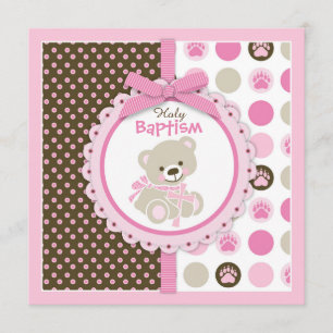 Invitation Baptême de la petite fille de l'ours en peluche ro