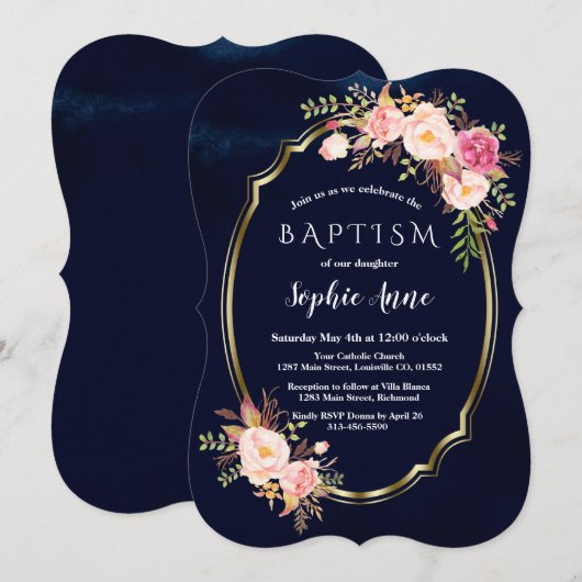 Invitation Baptême de la Royal Navy Blue Rose Floral Gold Gir (Devant / Derrière)