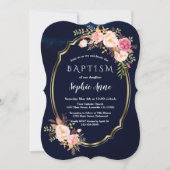 Invitation Baptême de la Royal Navy Blue Rose Floral Gold Gir (Devant)