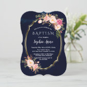 Invitation Baptême de la Royal Navy Blue Rose Floral Gold Gir (Debout devant)