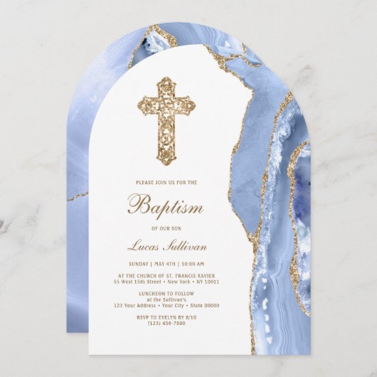 Invitation Baptême de l'agate bleue de Cornflower (Devant / Derrière)