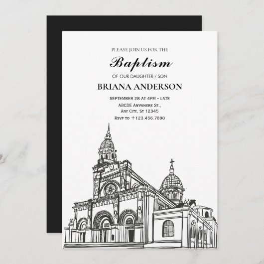 Invitation Baptême de l'Église noire et blanche (Devant / Derrière)