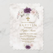 Invitation Baptême de luxe Lavender Blush Floral Cross Marbre (Devant / Derrière)