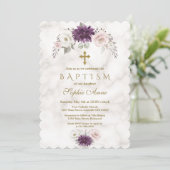 Invitation Baptême de luxe Lavender Blush Floral Cross Marbre (Debout devant)
