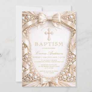 Invitation Baptême de luxe perle et ruban de satin