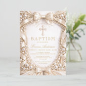 Invitation Baptême de luxe perle et ruban de satin (Debout devant)