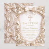 Invitation Baptême de luxe perle et ruban de satin (Devant / Derrière)
