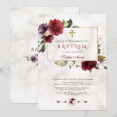 Invitation Baptême de marbre à cadre rose Bourgogne (Devant / Derrière)