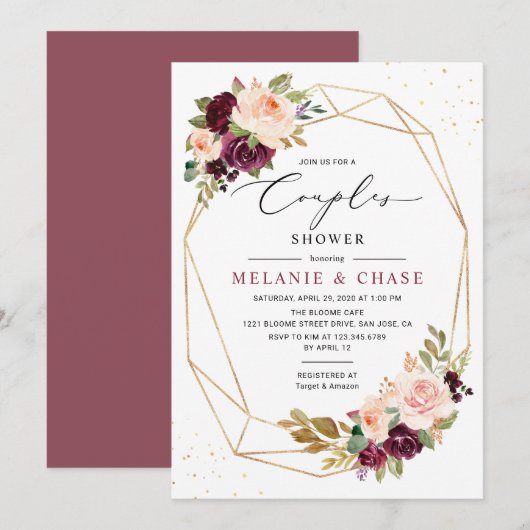Invitation Baptême de mariage géométrique bordeaux rose Gold (Devant / Derrière)