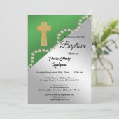 Invitation Baptême de métal et de perles vert et argent (Debout devant)