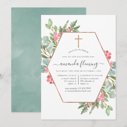 Invitation Baptême de Noël Eucalyptus géométrique/Christening (Devant / Derrière)