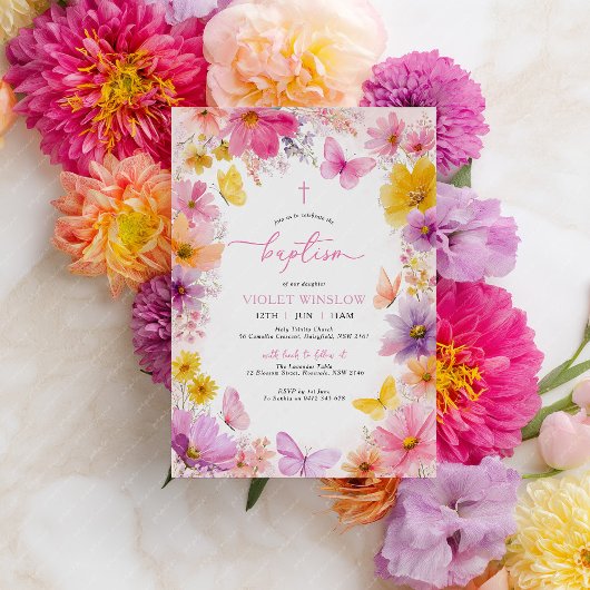 Invitation Baptême de papillon floral Christening Girl Bright