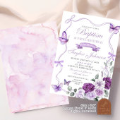 Invitation Baptême de papillon floral pourpre et premier anni