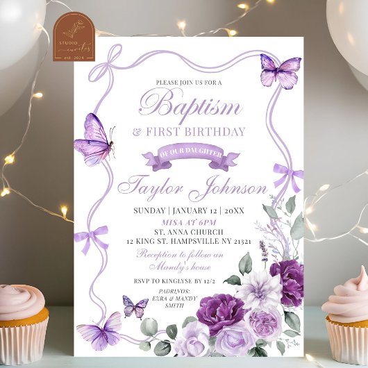 Invitation Baptême de papillon floral pourpre et premier anni
