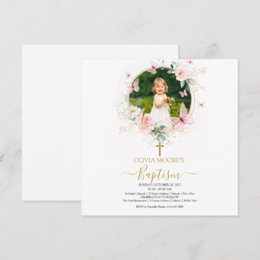 Invitation Baptême de papillon rose (Devant / Derrière)