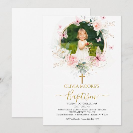 Invitation Baptême de papillon rose (Devant / Derrière)