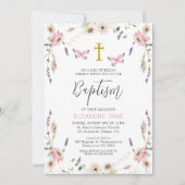 Invitation Baptême de papillon rose blanc Fleur sauvage (Devant)