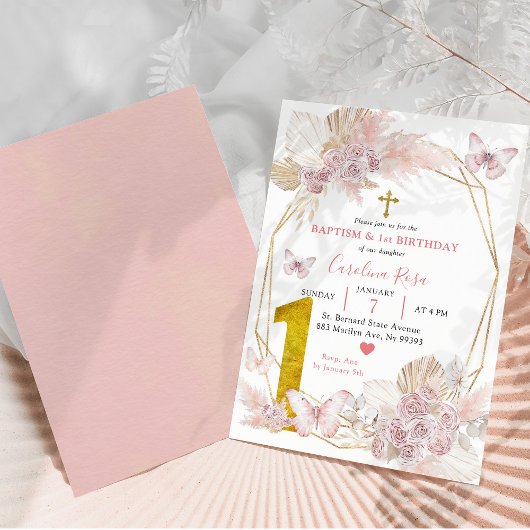 Invitation Baptême de papillon rose Boho et premier anniversa