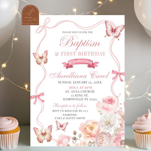 Invitation Baptême de papillon rose et 1er anniversaire
