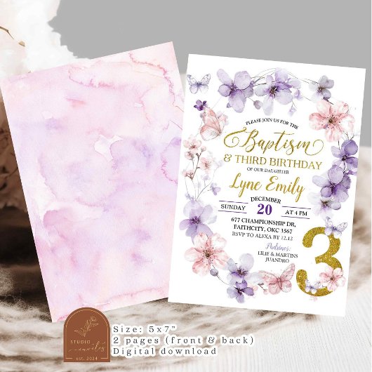 Invitation Baptême de papillon rose fleur de cerise 3e annive