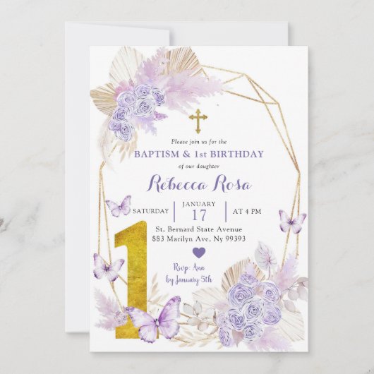 Invitation Baptême de papillon violet Boho et 1er anniversair (Devant)