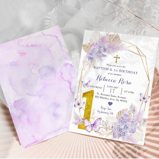 Invitation Baptême de papillon violet Boho et 1er anniversair