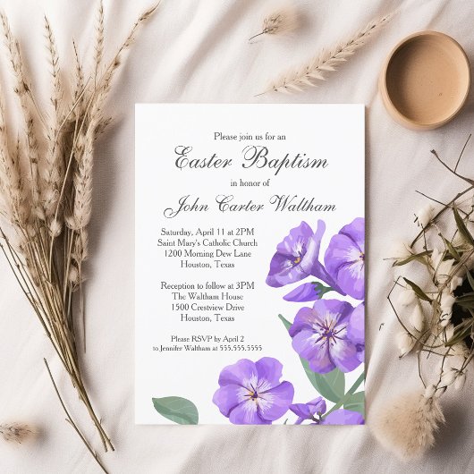 Invitation Baptême de Pâques Aquarelle Florale violet Belle