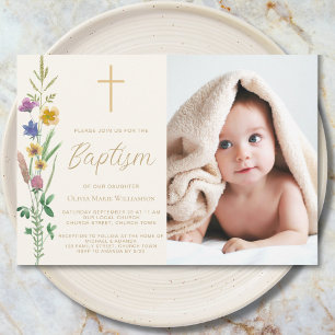 Invitation Baptême de photo de fleur sauvage