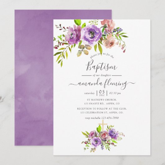 Invitation Baptême de printemps à l'aquarelle florale (Devant / Derrière)