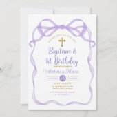 Invitation Baptême de ruban de Bow et 1er anniversaire violet (Devant)