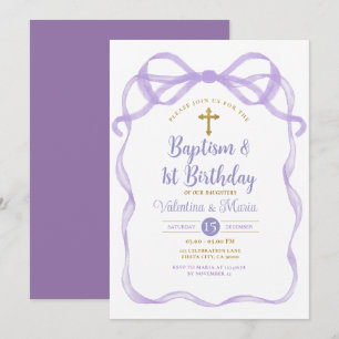 Invitation Baptême de ruban de Bow et 1er anniversaire violet